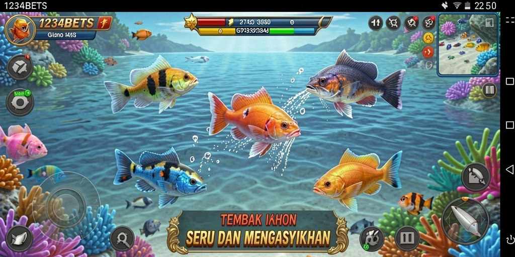 Screenshot gameplay menampilkan keseruan menembak ikan di 1234BETS.