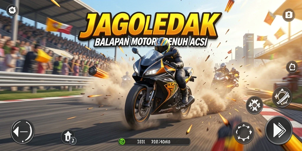 Tampilan gameplay JAGOLEDAK menampilkan aksi balap motor yang mendebarkan.