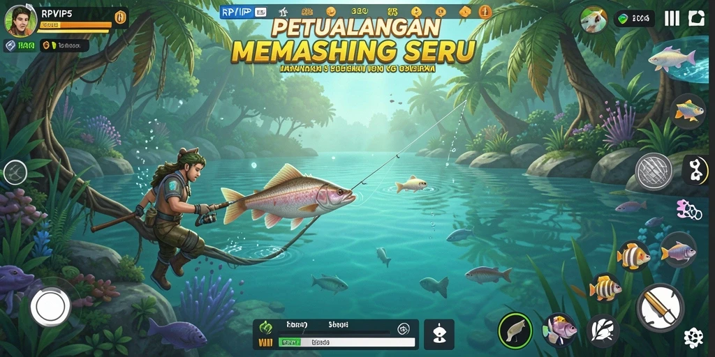 Screenshot RPVIP5 menampilkan pemain yang sedang menangkap ikan besar di danau tenang.