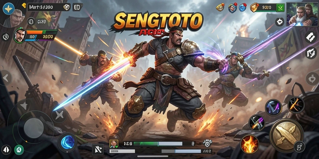 Screenshot utama SENGTOTO menunjukkan aksi pertempuran yang mendebarkan.