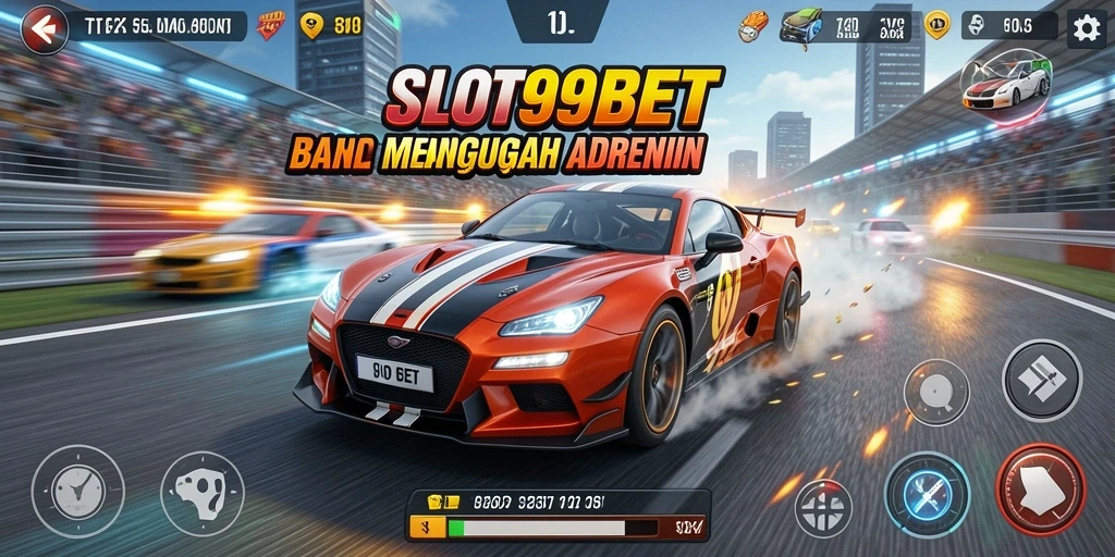 Screenshot SLOT99BET menunjukkan aksi mendebarkan di lintasan balap.