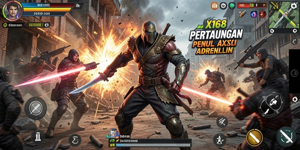 Screenshot gameplay X168 dengan aksi pertarungan mendebarkan.