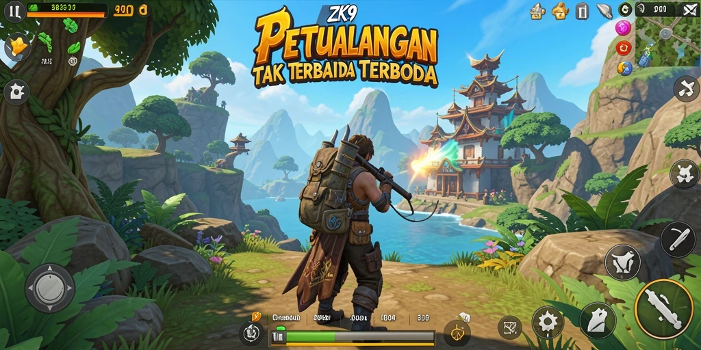 Screenshot gameplay ZK9 menampilkan dunia terbuka yang luas dan interaktif.